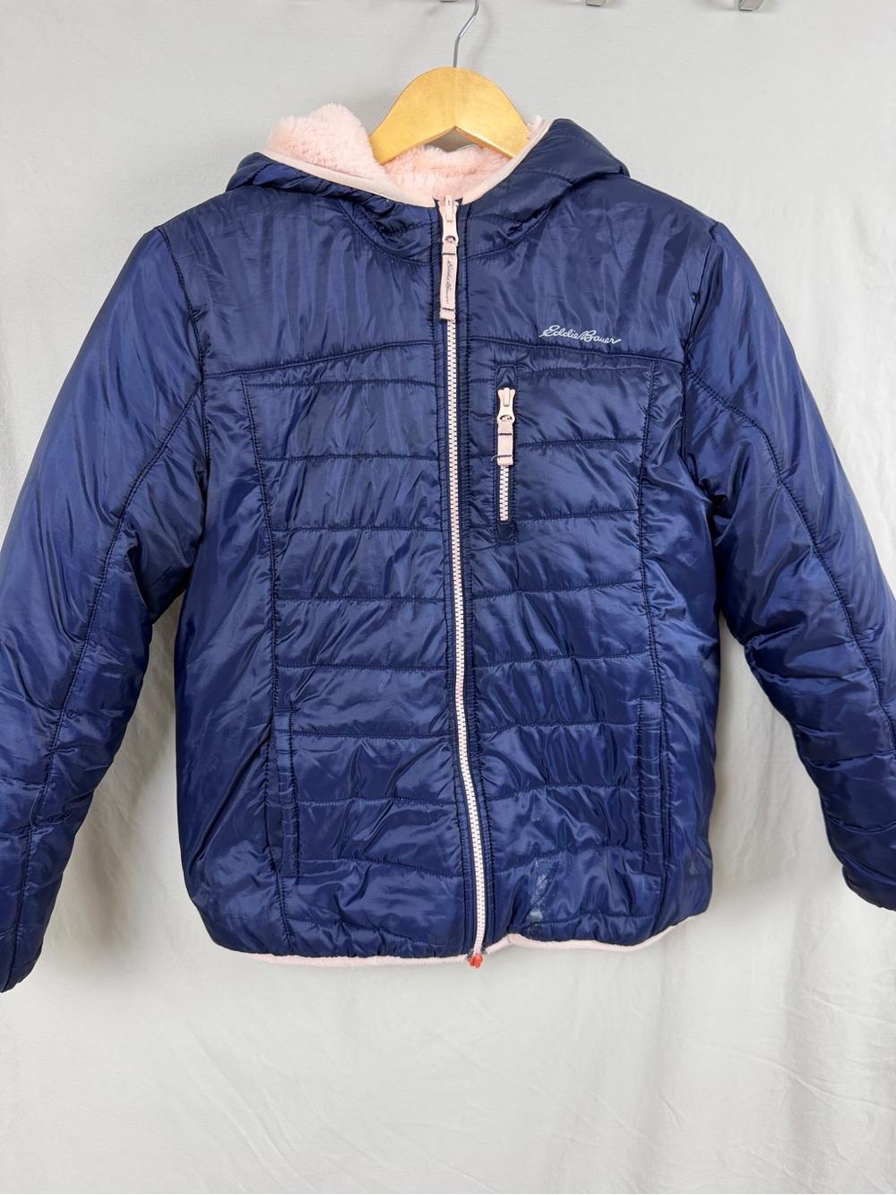 Eddie Bauer Navy Puffer Jacket with Pink Sherpa Hood